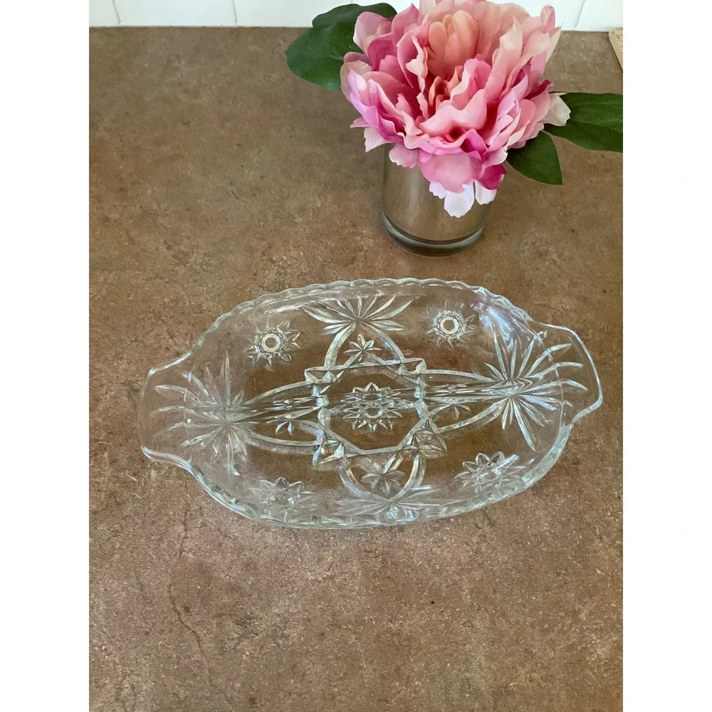 Vintage Clear Pressed Glass Divided Relish Dish Starburst Oval Serving Tray 9.5